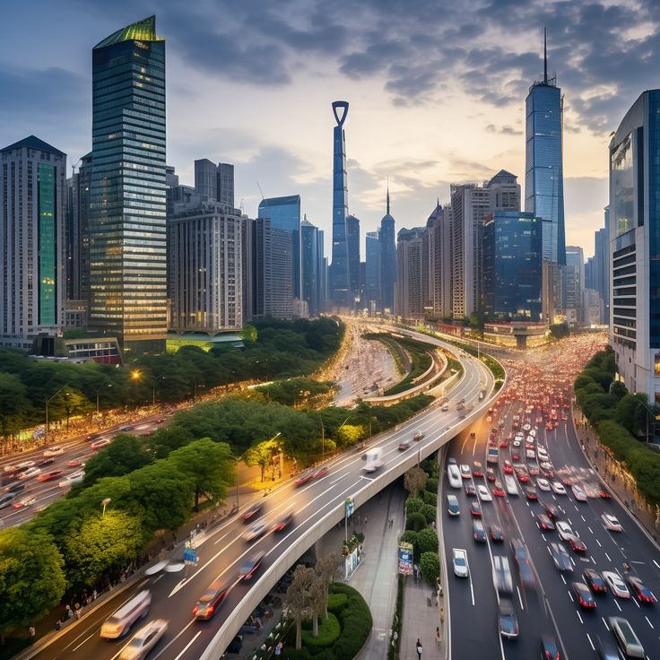 A bustling city's elevated highway at dusk, surrounded by modern skyscrapers under a cloudy sky.