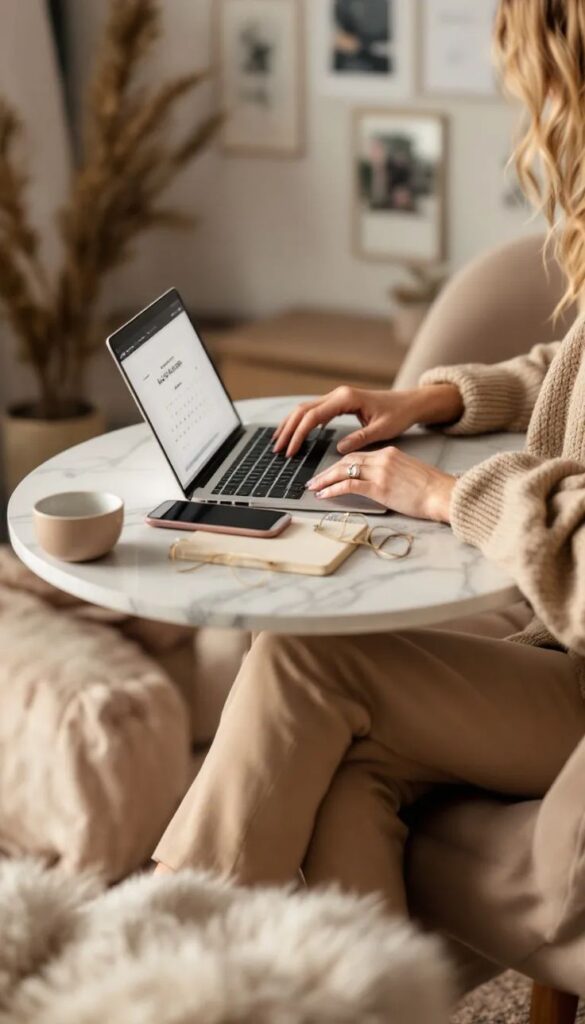 Cozy home office setup with laptop, smartphone, and coffee on a marble table. Warm ambiance and comfortable seating.