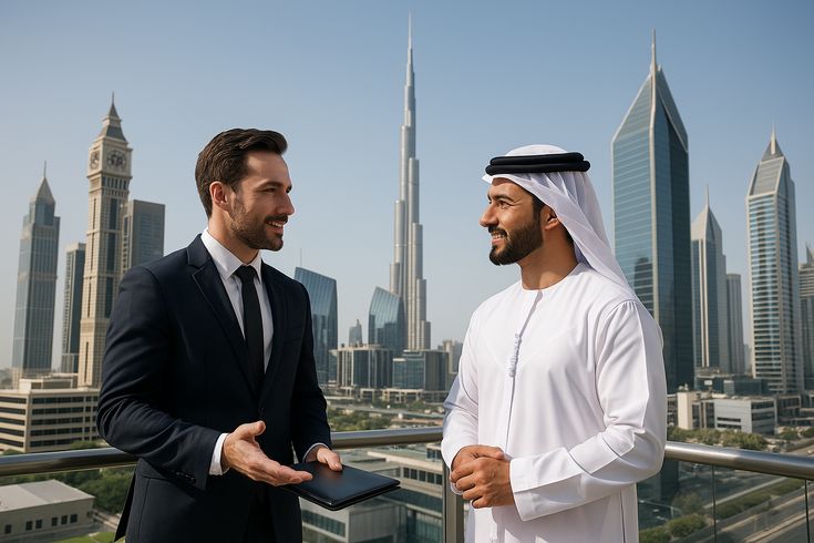 Two businessmen discussing on a balcony with Dubai skyscrapers in the background, including the Burj Khalifa.
