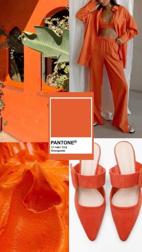 Collage showcasing Pantone 17-1461 Orangeade in fashion, decor, and textures for vibrant style inspiration.
