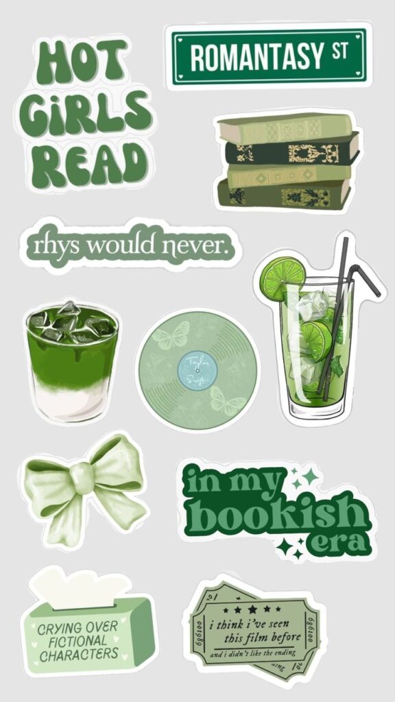 Collection of green-themed bookish stickers with phrases like Hot Girls Read and In My Bookish Era.