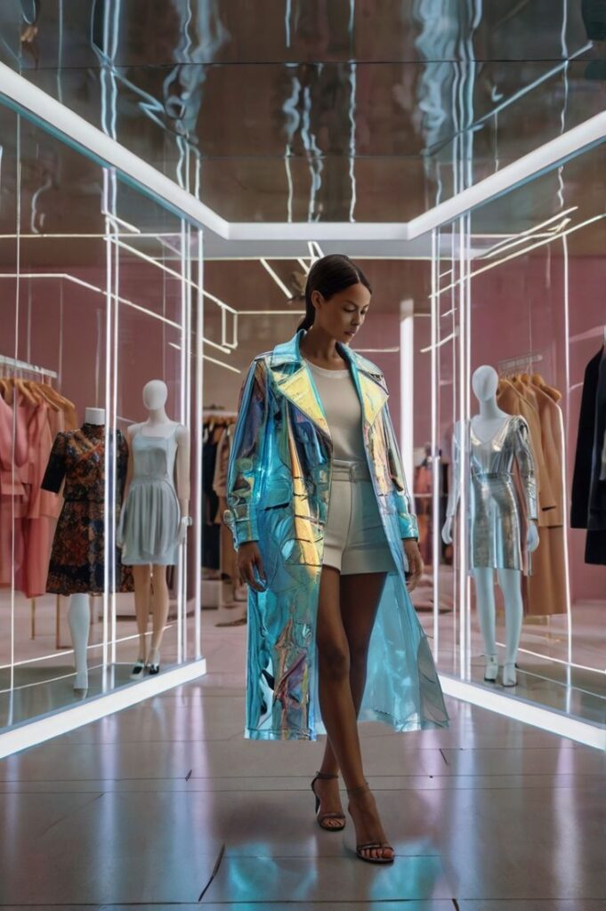 Woman in holographic coat walks in a futuristic clothing store with mannequins and bright lights.