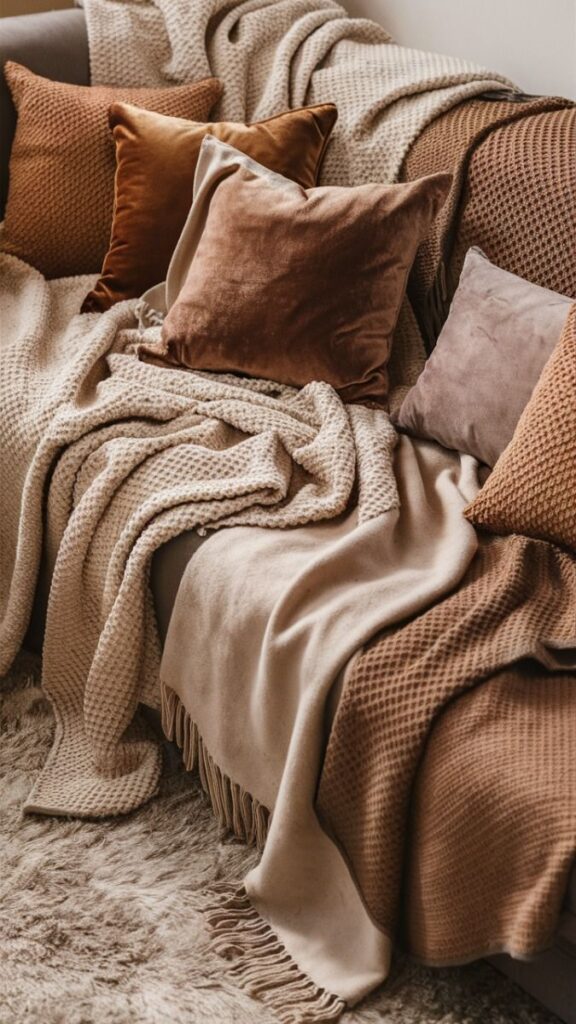 Cozy sofa with beige and brown pillows, layered blankets, and a warm, textured throw, perfect for a comfy living room.