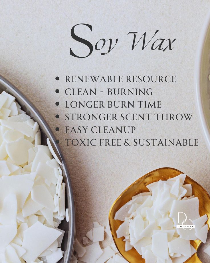 Soy wax benefits: renewable, clean-burning, longer burn, stronger scent, easy cleanup, toxic-free, sustainable.