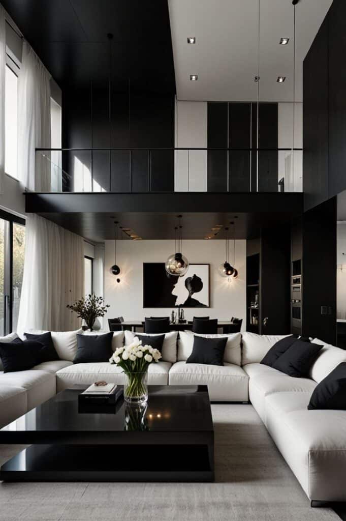 Modern living room with monochrome decor, black and white furniture, and contemporary lighting.