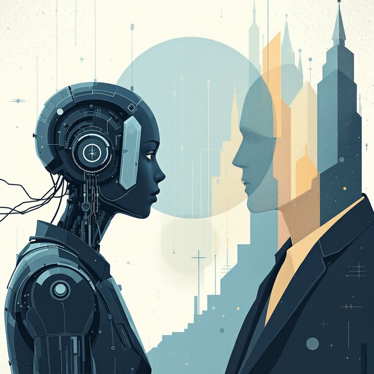 Futuristic AI robot facing a human figure, symbolizing technology and human interaction.
