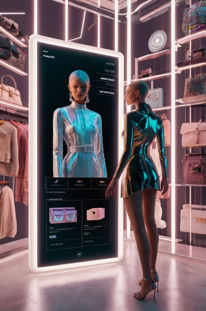 Futuristic fashion store with a digital mirror displaying a model in a reflective dress surrounded by stylish accessories.