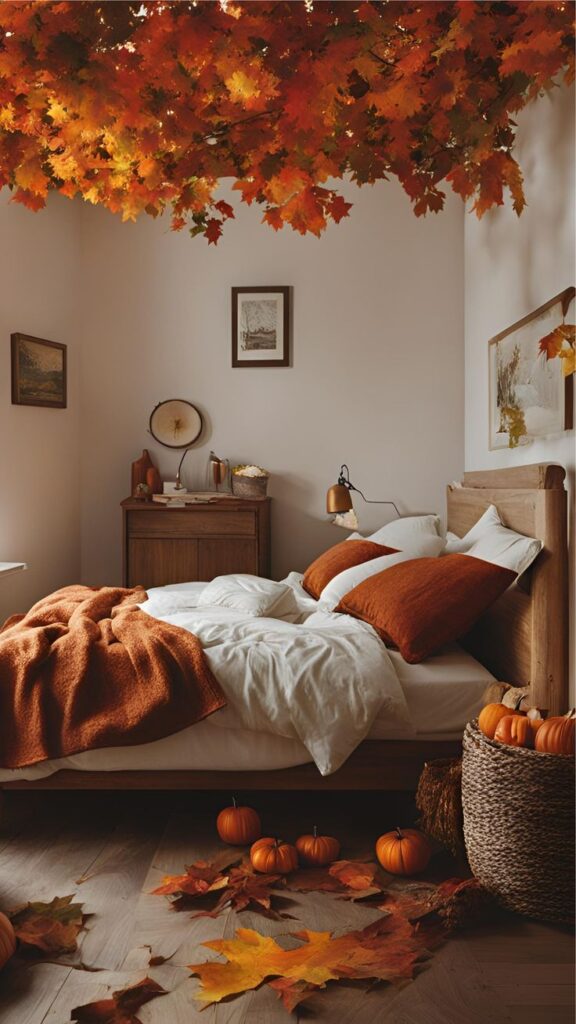Cozy autumn-themed bedroom with orange accents, pumpkins, and fall leaves for a warm, seasonal ambiance.