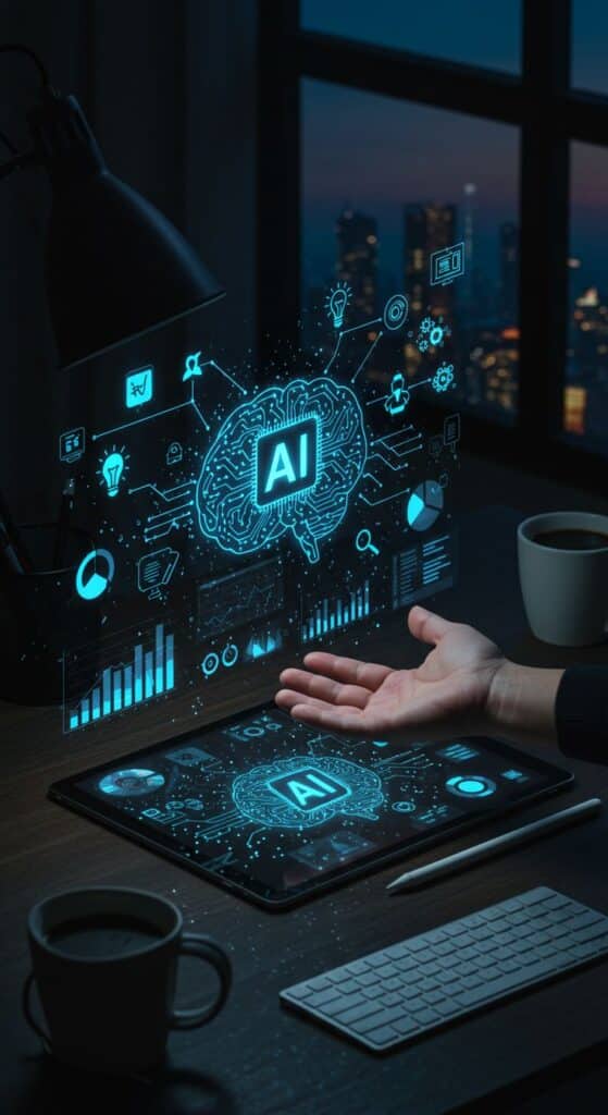 Futuristic AI interface hologram displayed above a tablet in a dimly lit office with cityscape views.