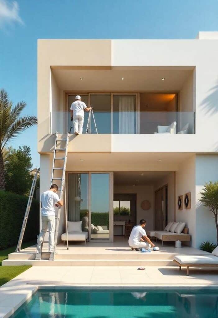 Workers painting a modern two-story house with a poolside patio, under a clear blue sky.