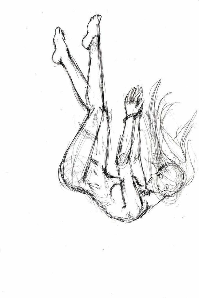 Black and white sketch of a bound figure floating, long hair flowing, hands tied, and legs extended upward.