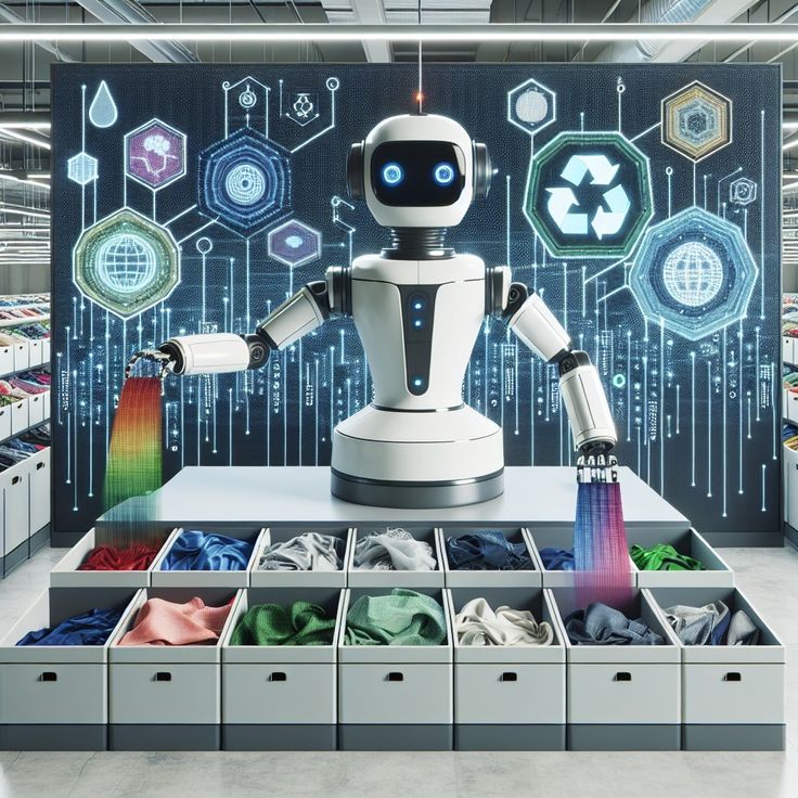 Robot sorting colorful fabric with tech interface background, showcasing AI automation in textile industry.