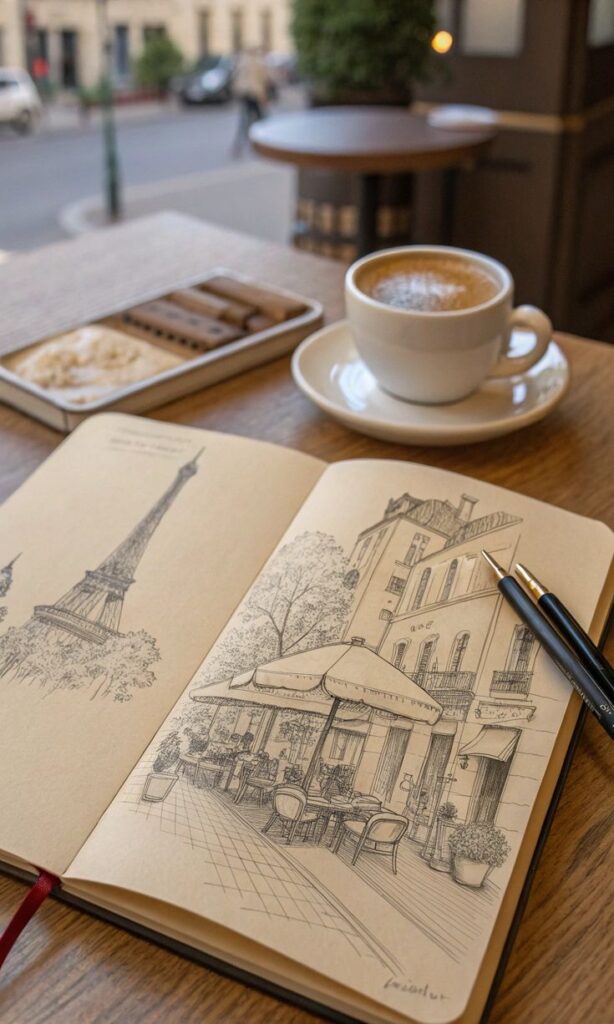 Азбука Штриха Open sketchbook with Paris drawings on a café table, accompanied by a cappuccino and pastries. | Sky Rye Design Open sketchbook with Paris drawings on a café table, accompanied by a cappuccino and pastries.