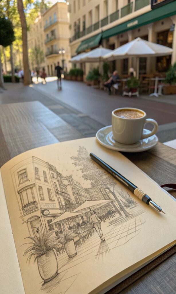 Азбука Штриха Sketchbook with city street drawing and coffee cup in outdoor café setting. | Sky Rye Design Sketchbook with city street drawing and coffee cup in outdoor café setting.