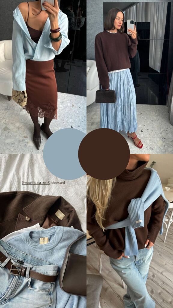 Актуальні кольорові поєднання 2025_ стильні ідеї Fashionable outfits with brown and blue tones, combining skirts, sweaters, and accessories for a stylish look. | Sky Rye Design Fashionable outfits with brown and blue tones, combining skirts, sweaters, and accessories for a stylish look.