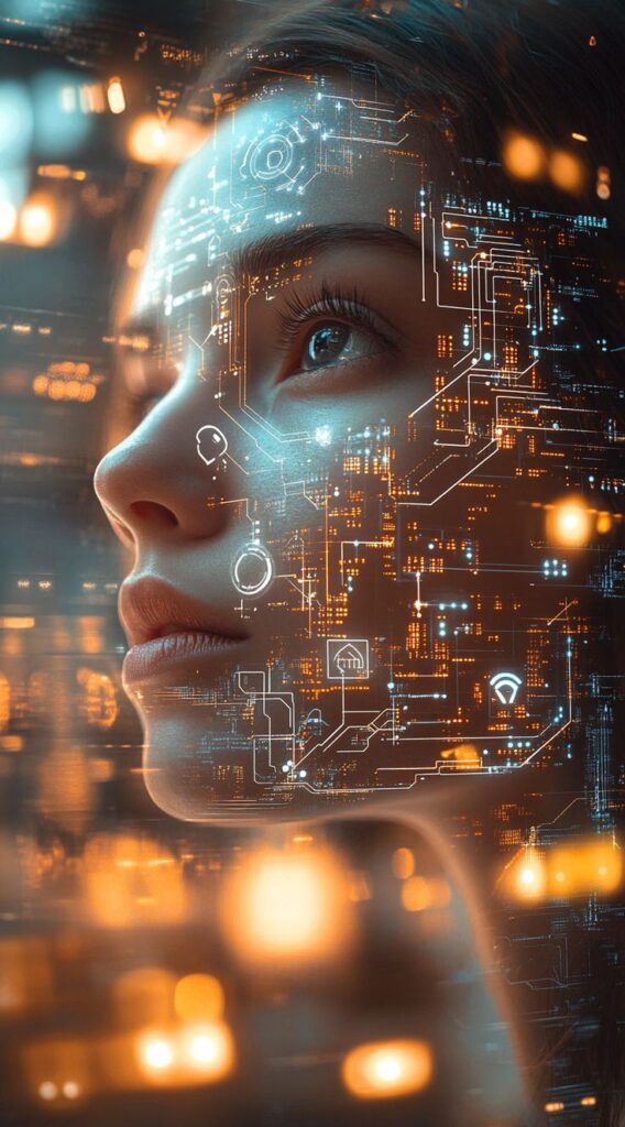 Какие задачи решает генеративный ИИ_ Futuristic close-up of a woman's face with glowing digital circuit overlay, symbolizing AI and technology integration. | Sky Rye Design Futuristic close-up of a woman's face with glowing digital circuit overlay, symbolizing AI and technology integration.