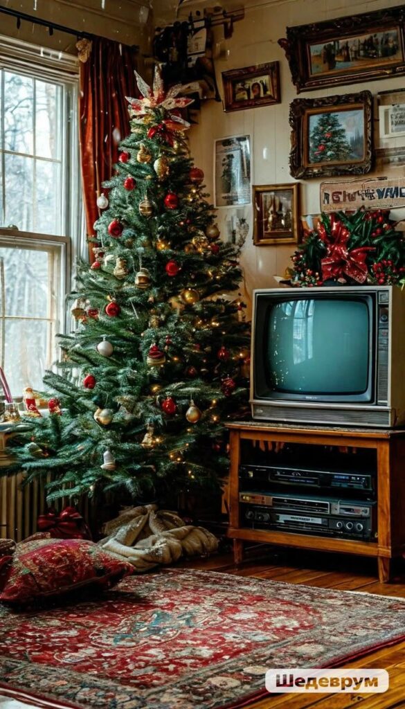 Cozy vintage holiday scene with decorated Christmas tree and retro TV by the window.