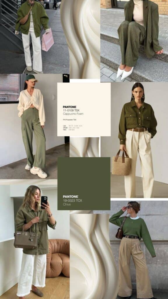 Осень 25 si_on Fashion collage featuring olive and neutral outfits with Pantone swatches for a chic fall style inspiration. | Sky Rye Design Fashion collage featuring olive and neutral outfits with Pantone swatches for a chic fall style inspiration.