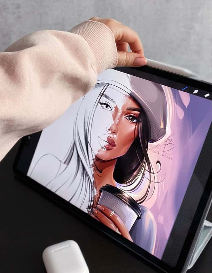 Раскраска Morning Coffee - Tanya Diart _ Boosty Artist's hand creating digital art of woman with a cup on a tablet screen. | Sky Rye Design Artist's hand creating digital art of woman with a cup on a tablet screen.