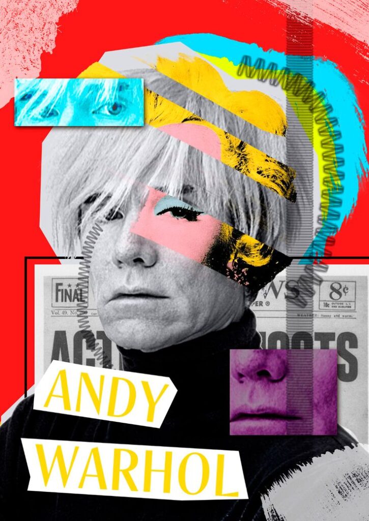 Фотоколлаж - Daria Kebirova Colorful pop art collage with Andy Warhol, featuring layered textures and bold colors for a striking visual effect. | Sky Rye Design Colorful pop art collage with Andy Warhol, featuring layered textures and bold colors for a striking visual effect.