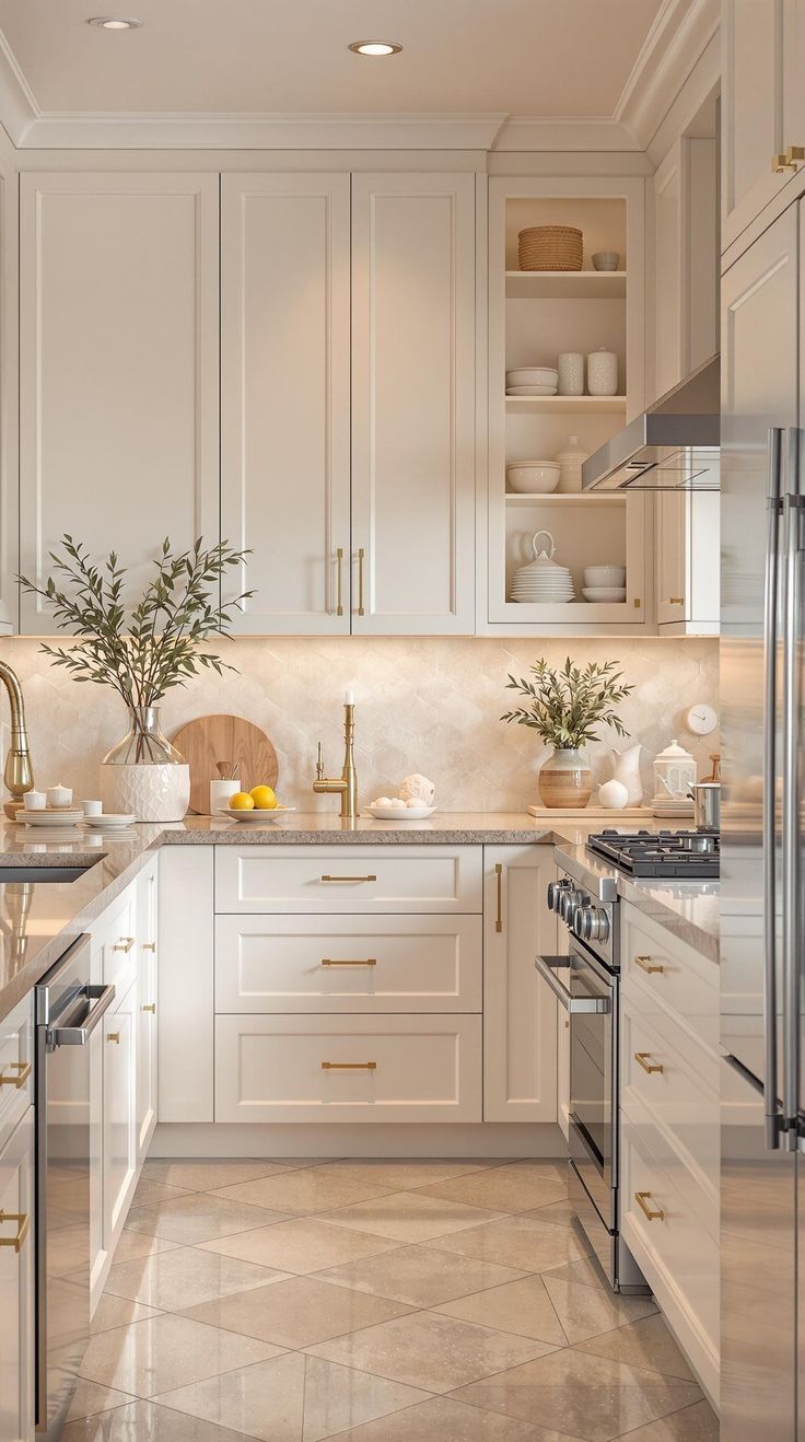 вяпмфук Modern kitchen with white cabinets, stainless appliances, and elegant decor, featuring lush greenery accents. | Sky Rye Design Modern kitchen with white cabinets, stainless appliances, and elegant decor, featuring lush greenery accents.