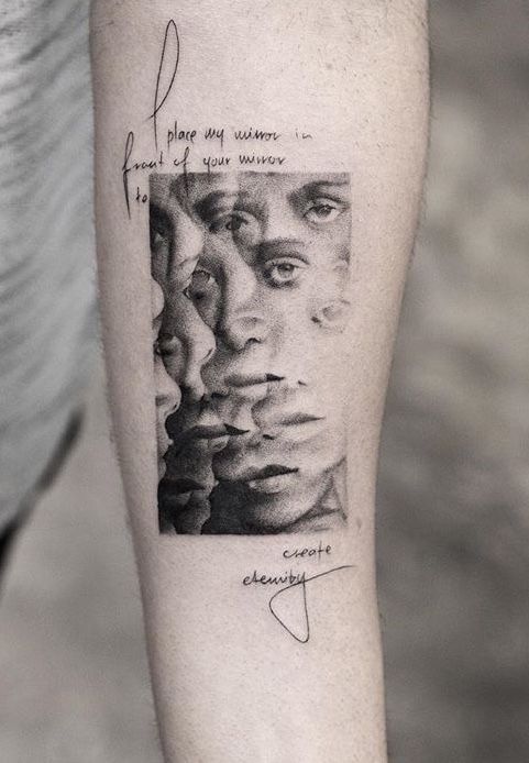 ☁️ Abstract portrait tattoo with overlapping faces and handwritten text on forearm. | Sky Rye Design Abstract portrait tattoo with overlapping faces and handwritten text on forearm.
