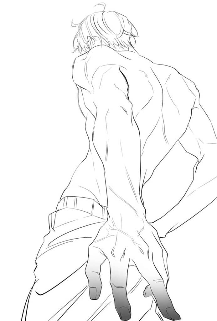 ✧ 𝐓𝐇𝐄 𝐇𝐔𝐍𝐓𝐄𝐑 𝐖𝐀𝐍𝐓𝐒 𝐓𝐎 𝐋𝐈𝐕𝐄 𝐐𝐔𝐈𝐄𝐓𝐋𝐘 ✧ Drawing of a shirtless person from the back, emphasizing muscular arms and hand reaching down. | Sky Rye Design Drawing of a shirtless person from the back, emphasizing muscular arms and hand reaching down.