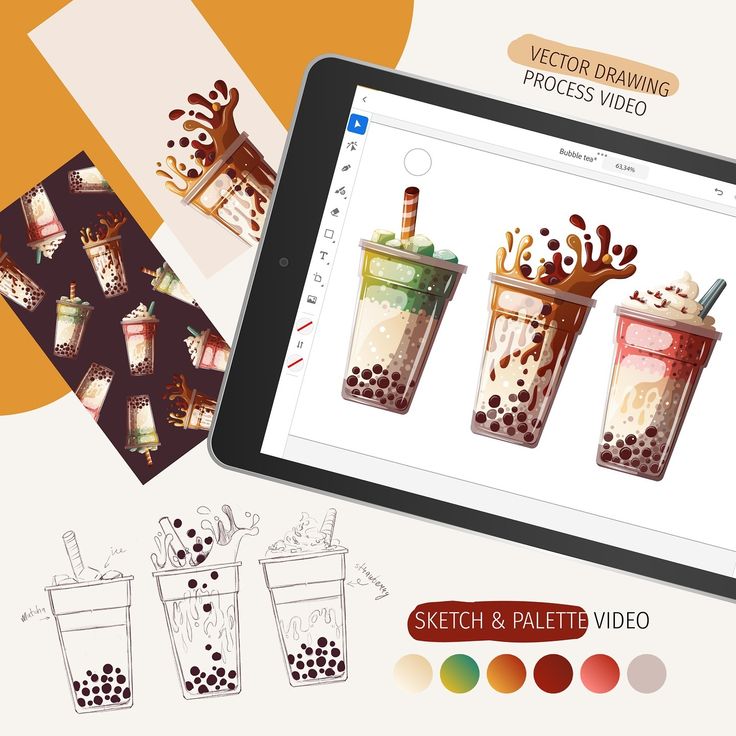 ✨ Love seeing how illustrations come to life_ Ive Vector illustration of bubble tea on a tablet with color palette and sketches, showcasing design process. | Sky Rye Design Vector illustration of bubble tea on a tablet with color palette and sketches, showcasing design process.