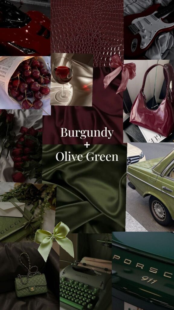 ❤💚 Collage of burgundy and olive green items: bag, car, guitar, and more. Elegant color scheme inspiration. | Sky Rye Design Collage of burgundy and olive green items: bag, car, guitar, and more. Elegant color scheme inspiration.