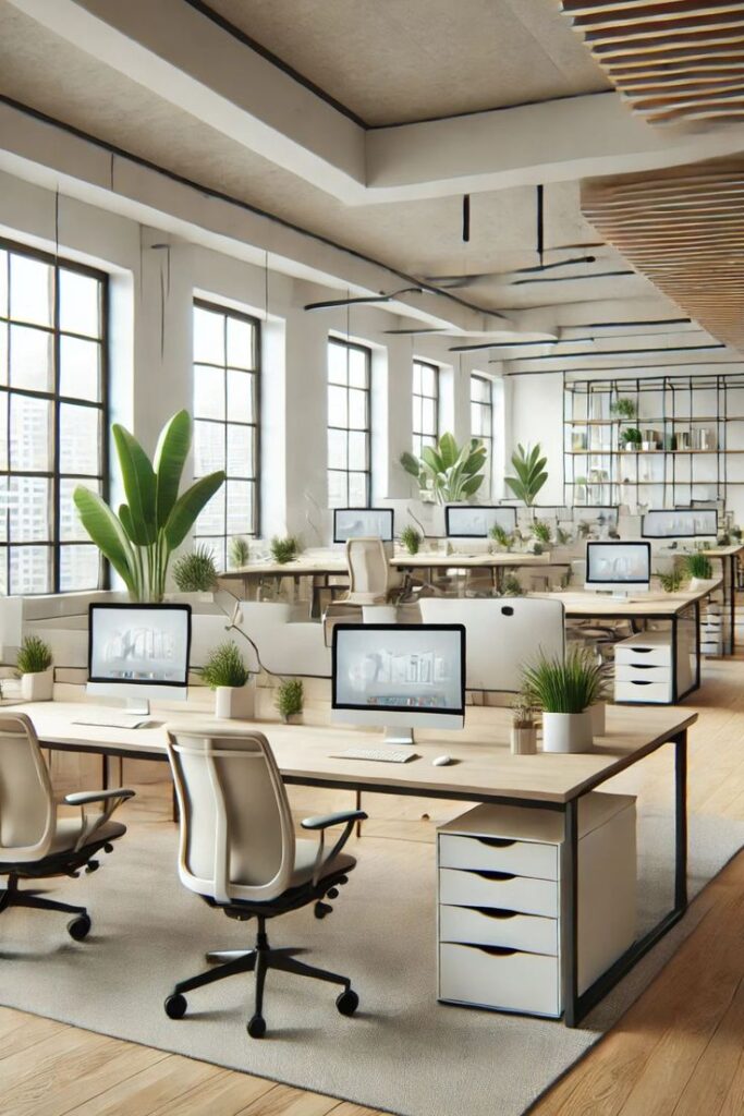 🌞 The Secret to a Stylish Functional Tech Office Modern open-plan office with workstations, computers, and green plants by large windows. | Sky Rye Design Modern open-plan office with workstations, computers, and green plants by large windows.