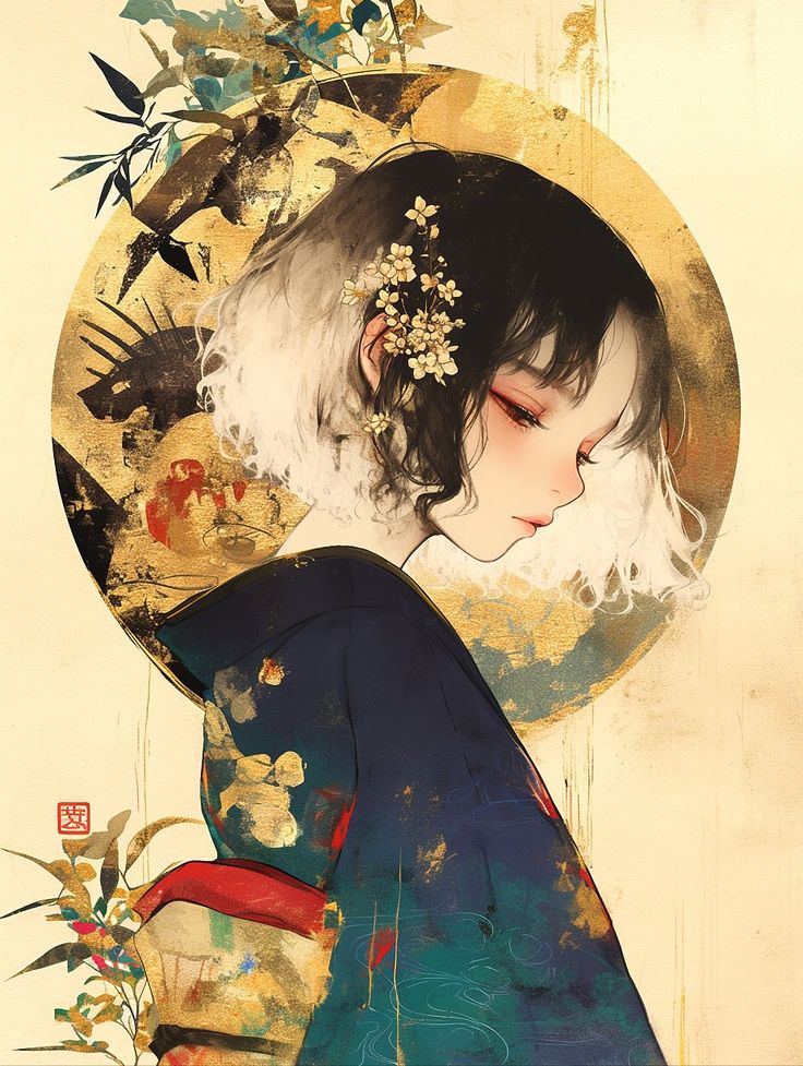 Artistic portrait of a woman with short hair and floral accents, set against a gold and abstract background.