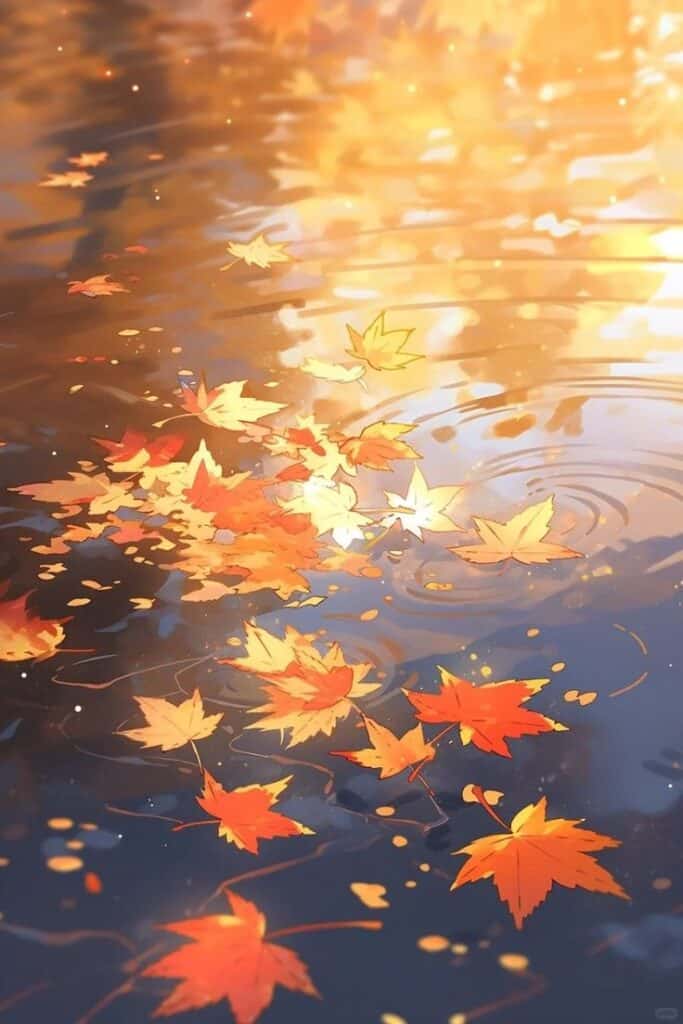 Autumn leaves floating on a serene water surface, reflecting warm sunlight and creating a tranquil, picturesque scene.