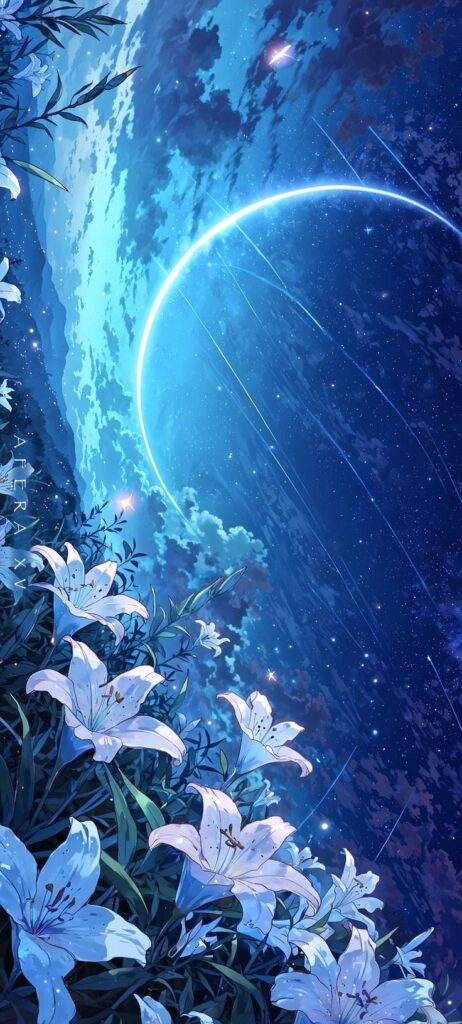Anime scene of glowing lilies under a starry sky, with a crescent moon illuminating a serene night landscape.