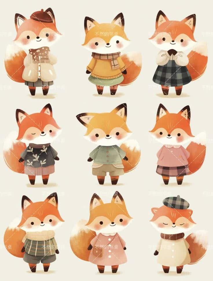 Cute cartoon foxes in various stylish outfits and poses, showcasing diverse autumn and winter fashion styles.