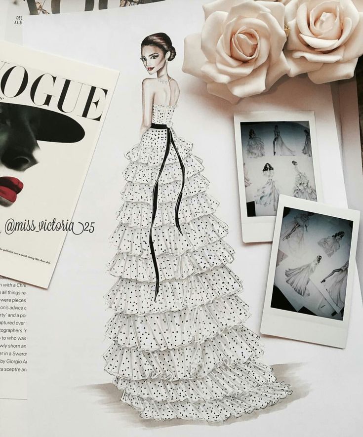 Fashion sketch of a polka-dot tiered dress with magazine and rose accents.