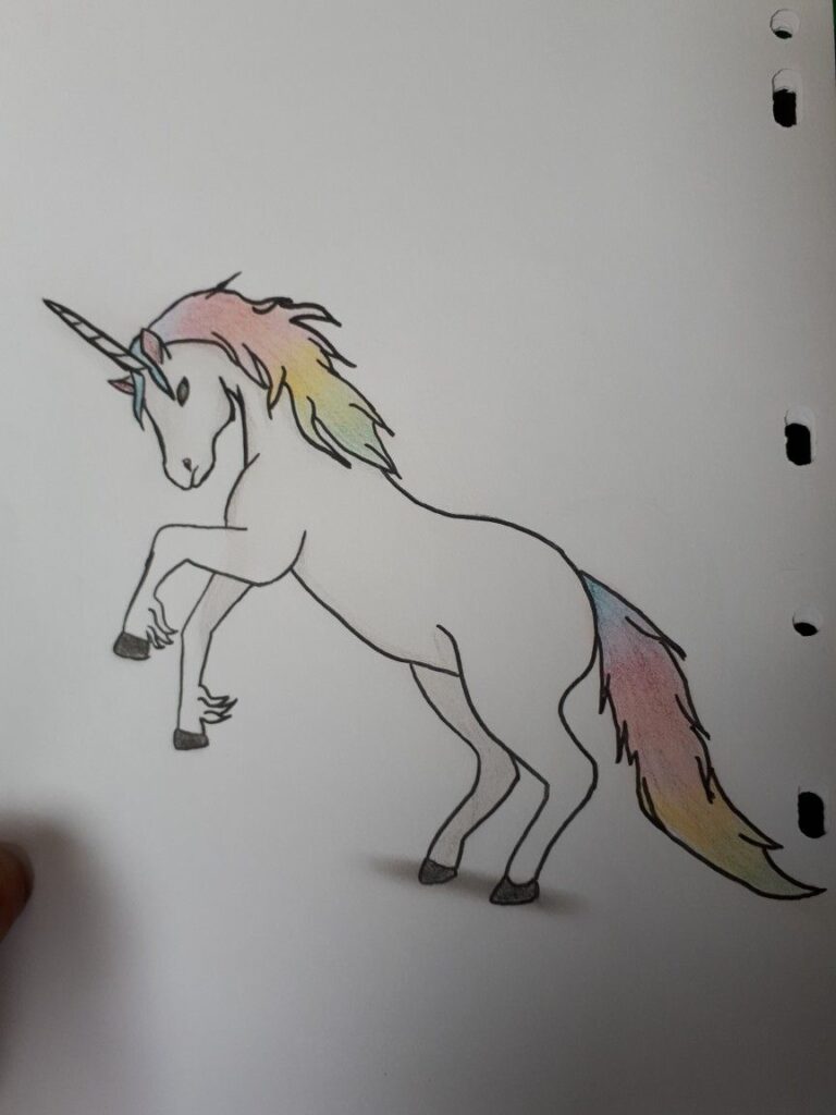 Illustration of a white unicorn with a colorful mane and tail on a white background.