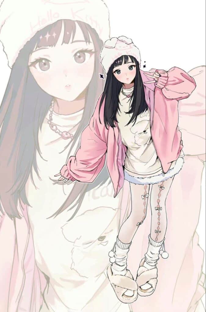 02891740-e790-454d-83d8-776da61af027 Anime girl in pink outfit with jacket and cozy hat, stylishly posing with backdrop of her illustration. | Sky Rye Design Anime girl in pink outfit with jacket and cozy hat, stylishly posing with backdrop of her illustration.
