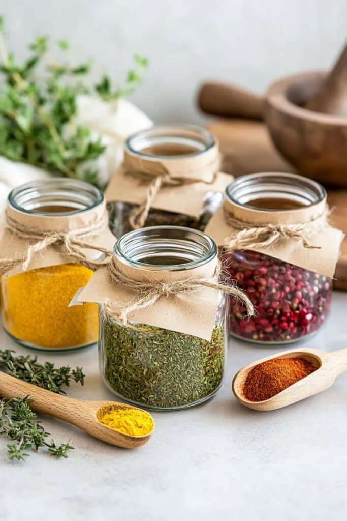 Glass jars with colorful spices and herbs, including turmeric and paprika, on a kitchen counter with wooden spoons.