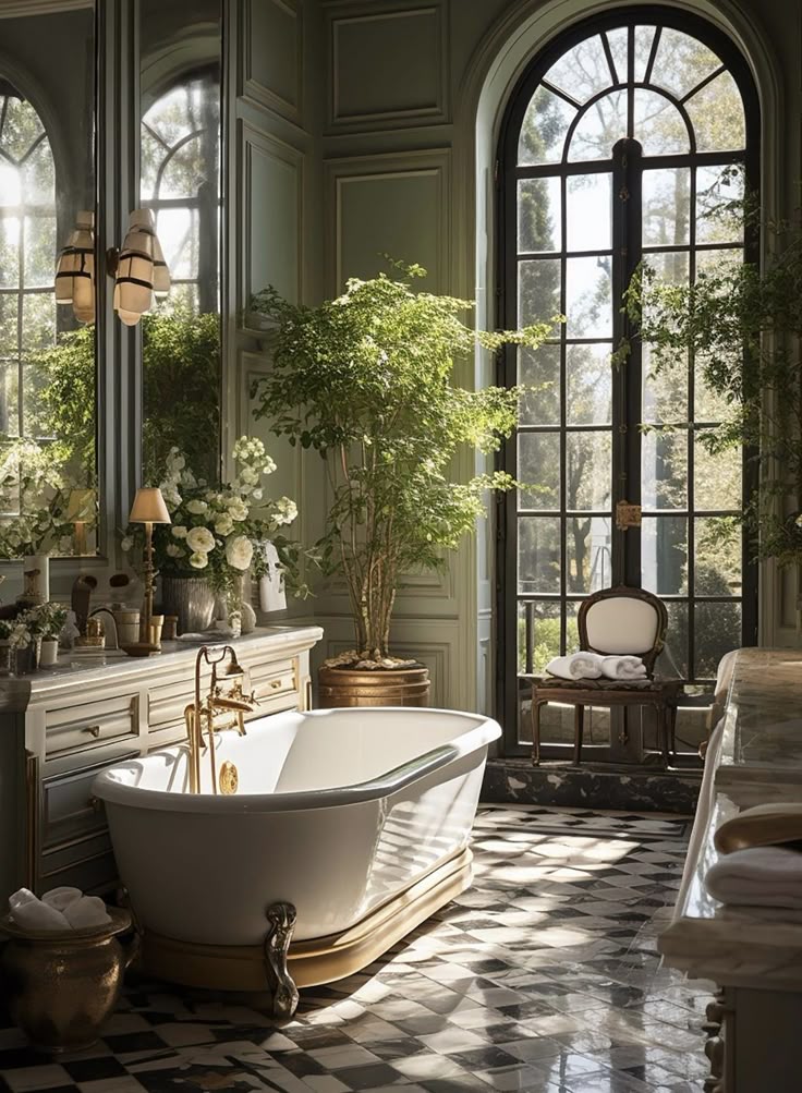 Luxurious bathroom with elegant bathtub, large windows, and lush greenery, creating a serene spa-like atmosphere.
