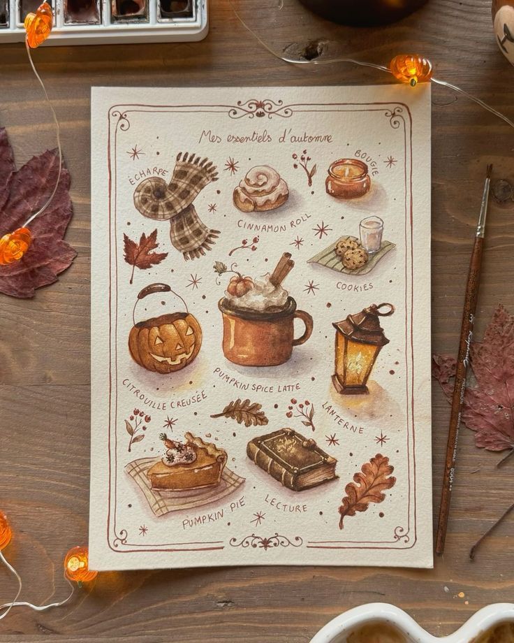 Watercolor autumn essentials illustration: pumpkin spice latte, cinnamon roll, lantern, scarf, and pumpkin pie on a table.