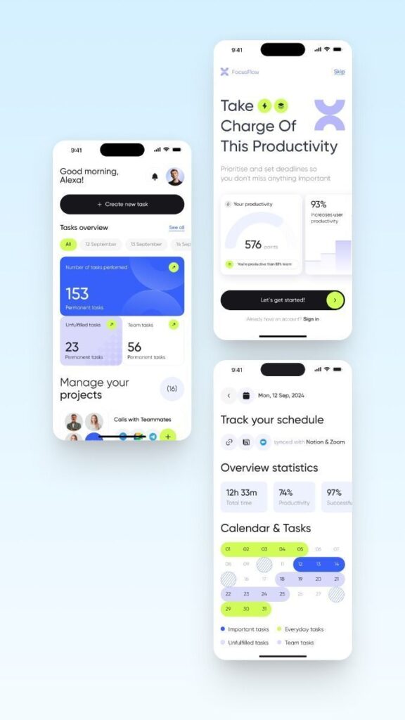 Mobile app with productivity and task management features: track schedule, manage projects, and boost efficiency.