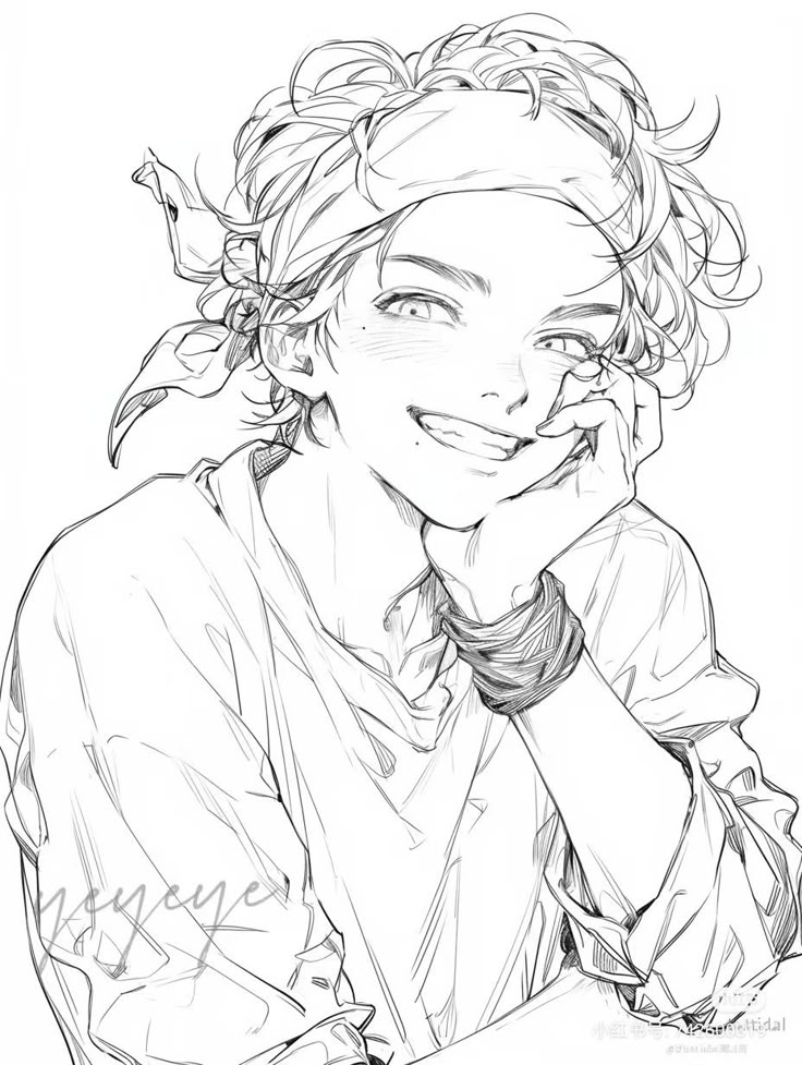 Anime drawing of a smiling person with a bandana and hand on face, sketch style.