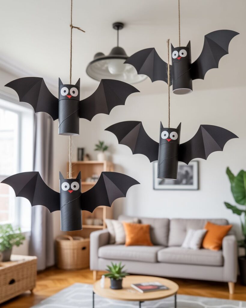 0560f0d909a659fe44c8651f1f3f5ca9 Hanging DIY bat decorations made from paper rolls in a cozy living room, ideal for Halloween decor. | Sky Rye Design Hanging DIY bat decorations made from paper rolls in a cozy living room, ideal for Halloween decor.