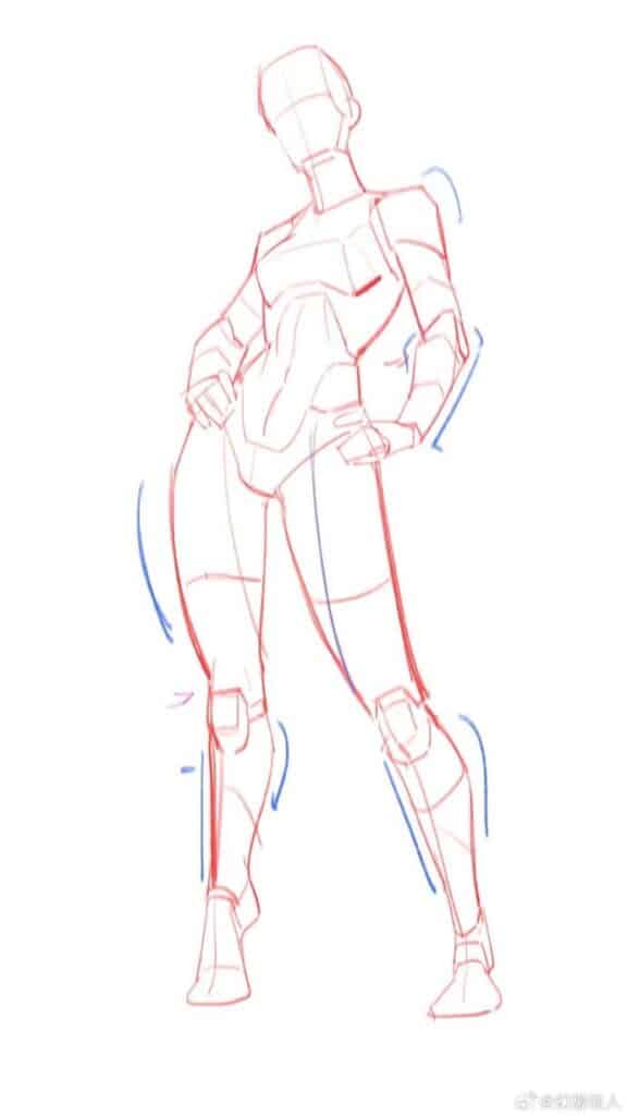 Dynamic human form sketch showing proportions and posture in red and blue lines.