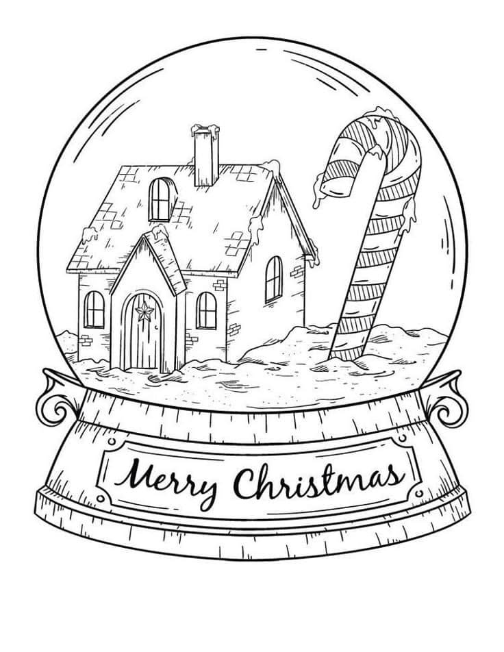 0625b5ce-76de-4a12-8886-f9a4c39bcf3b Christmas snow globe with house and candy cane, labeled Merry Christmas. Black and white festive illustration. | Sky Rye Design Christmas snow globe with house and candy cane, labeled Merry Christmas. Black and white festive illustration.