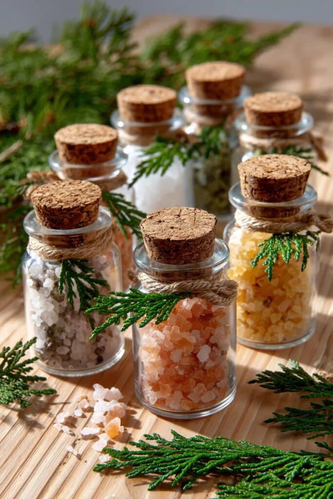 Glass jars of colorful bath salts with cork lids, decorated with green sprigs on a wooden surface.