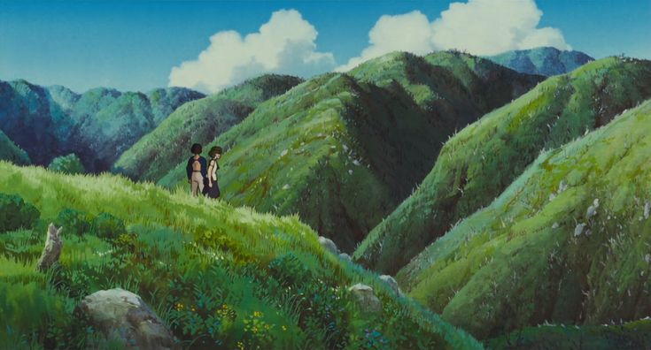 Animated lush green hills with two figures walking under a blue sky with fluffy clouds.