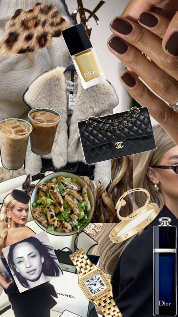 06eabcbb-d7a4-4cff-ade6-abb9aa7084f0 Fashion collage featuring luxury items: handbags, watches, nail polish, sunglasses, and fur coat. Stylish aesthetic. | Sky Rye Design Fashion collage featuring luxury items: handbags, watches, nail polish, sunglasses, and fur coat. Stylish aesthetic.