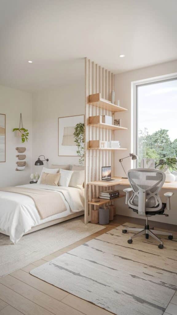 0711313c-90ec-4784-8eab-c4dd864a8b1f Modern bedroom with cozy bed, desk, ergonomic chair, and lush greenery near a large window. Perfect for relaxation and work. | Sky Rye Design Modern bedroom with cozy bed, desk, ergonomic chair, and lush greenery near a large window. Perfect for relaxation and work.