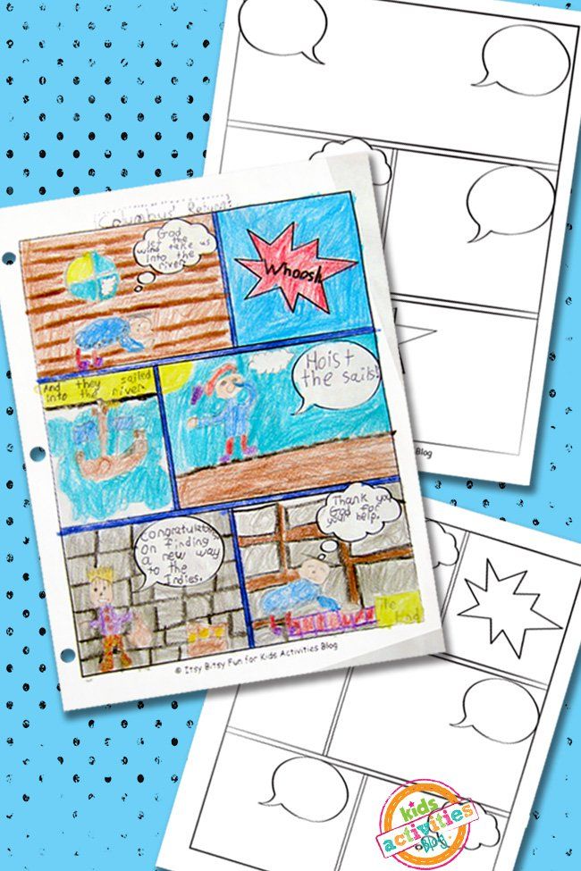 Children's comic strip on lined paper, featuring colorful drawings and speech bubbles, with comic templates behind.